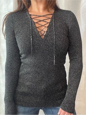 Sandro Paris Lace-Up Top Size XS/S Black Metallic Ribbed Knit Indie Sleaze Y2K